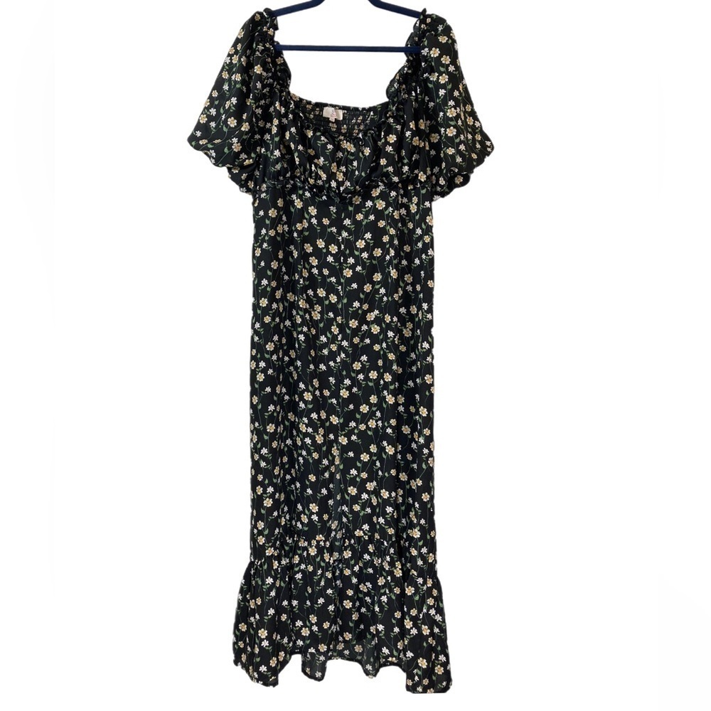 Girl Soul black and daisy empire waist maxi dress w/ smocked back & puff sleeves